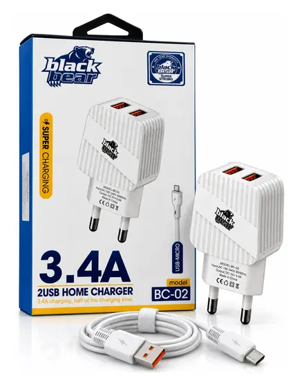شاحن 3.4A منفذين مع كابل Micro Black Bear BC-02